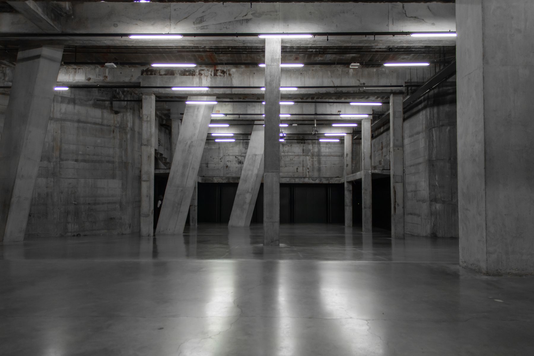 Spacious concrete industrial interior lit by overhead fluorescent lighting