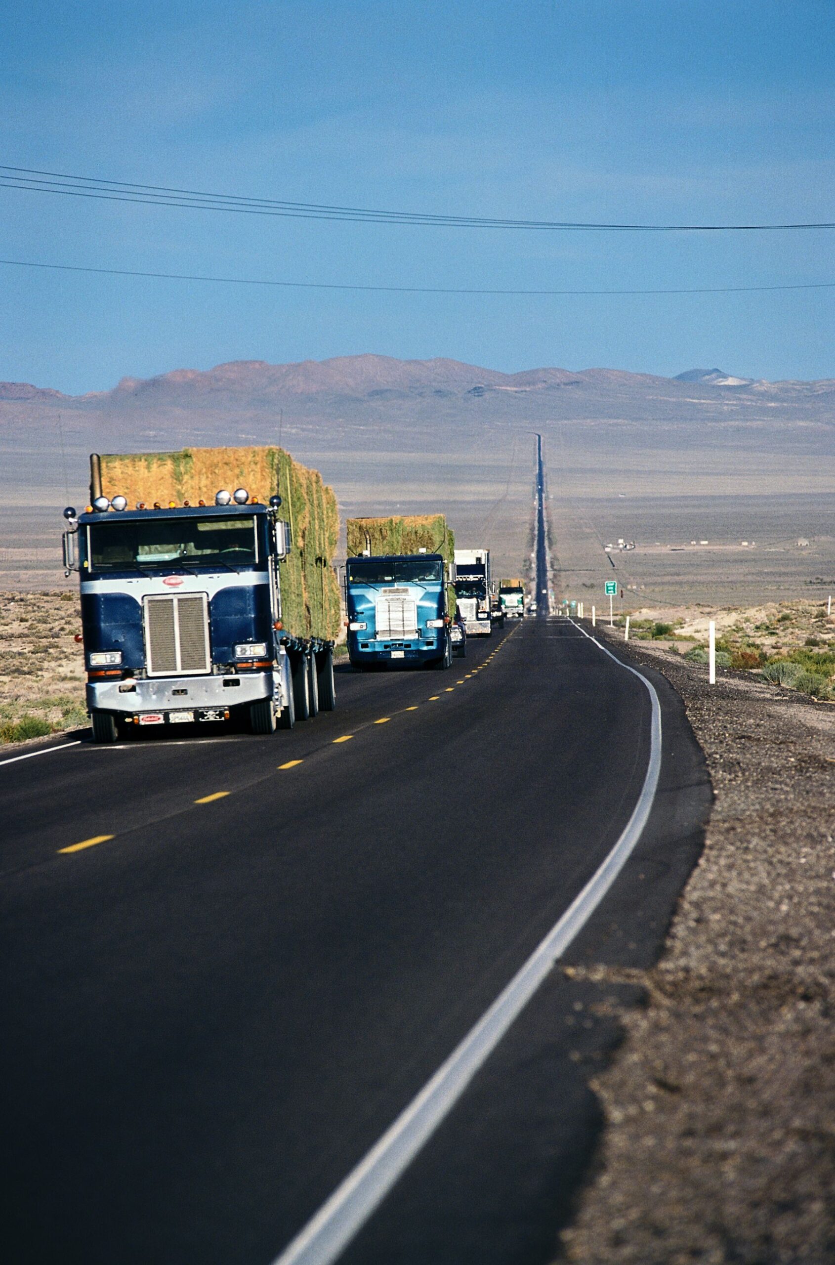 Convoy of freight trucks on a long desert highway